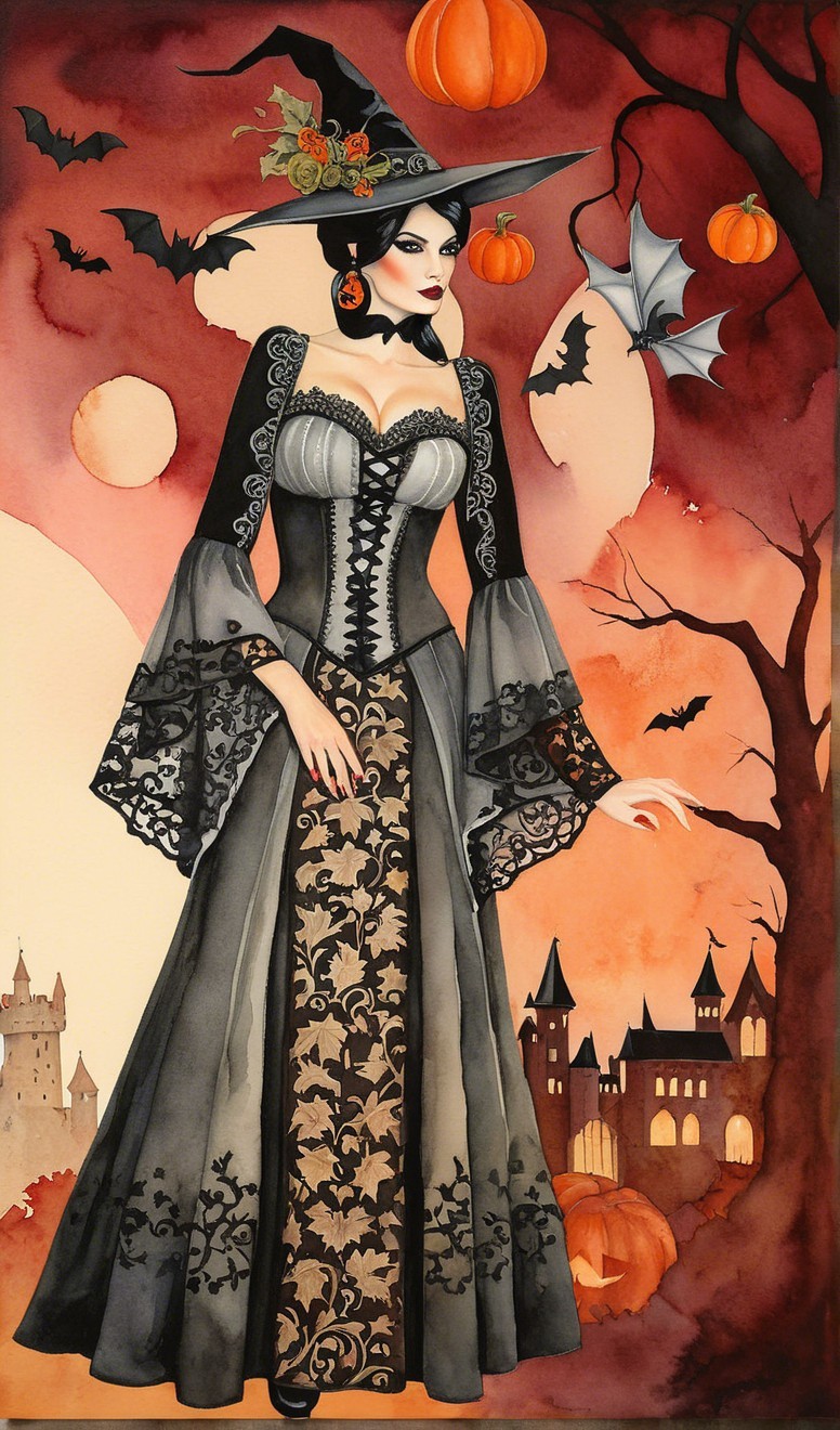 Mysterious Witch in Twilight with Halloween Elements
