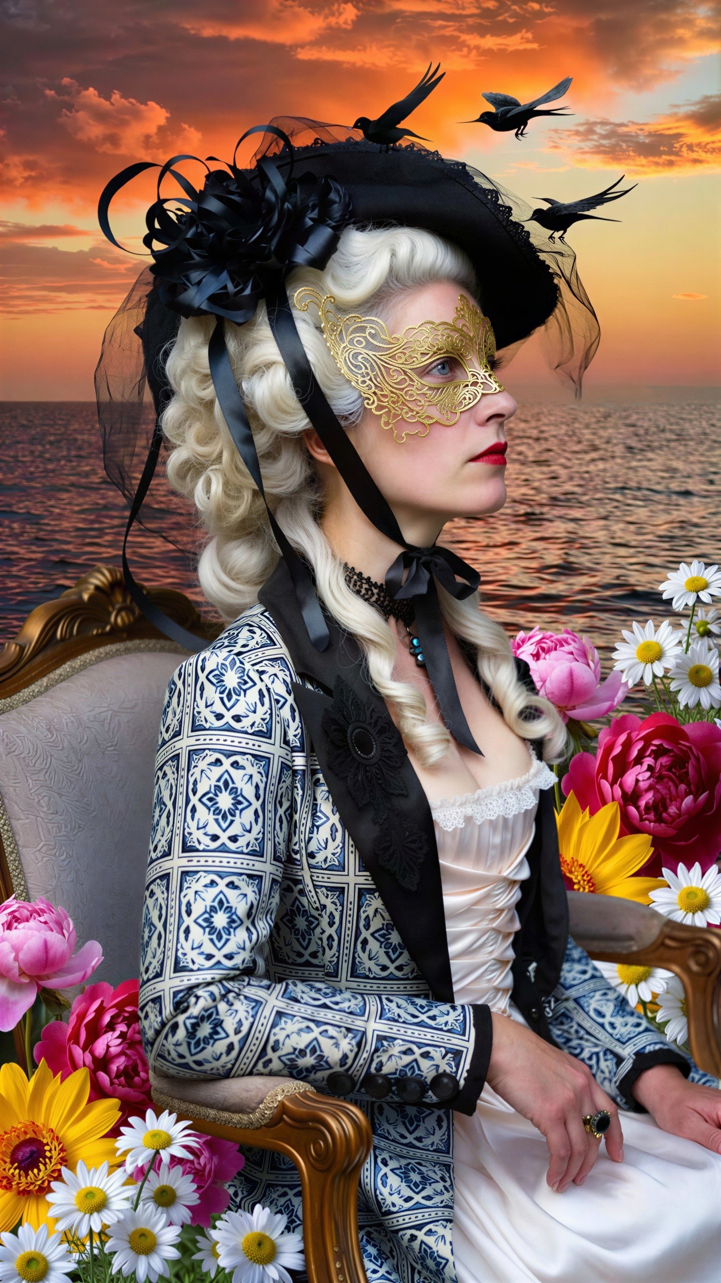 Caucasian Woman in Rococo Fashion by the Ocean