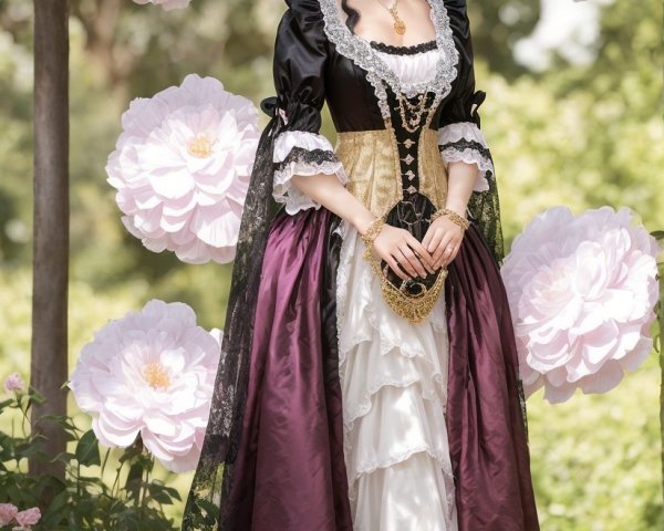 Elegant Woman in Historical Gown in Lush Garden