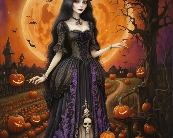 Mystic witch in gown against orange moon and pumpkins