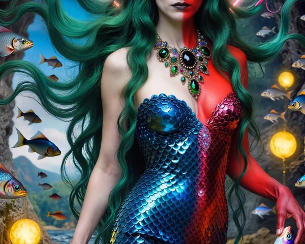 Portrait of a Green-Haired Mermaid in Water