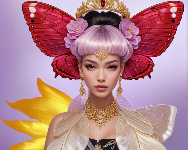 Figure with Butterfly Wings and Floral Accents