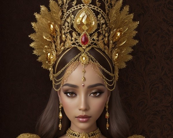 Elaborate Golden Attire with Intricate Headpiece