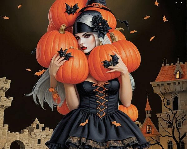 Whimsical Halloween Scene with Witch and Pumpkins