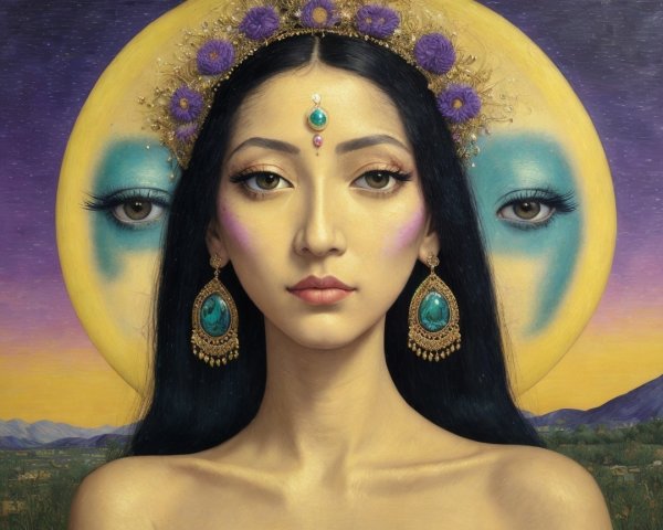 Portrait of a Woman with Moon and Floral Elements