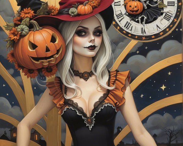 Whimsical Halloween Illustration of a Glamorous Witch