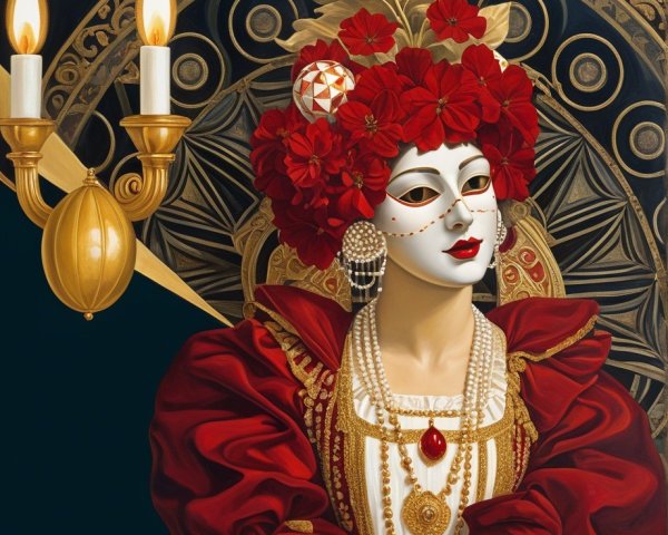 Vibrant Red and Gold Costume with Elaborate Jewelry