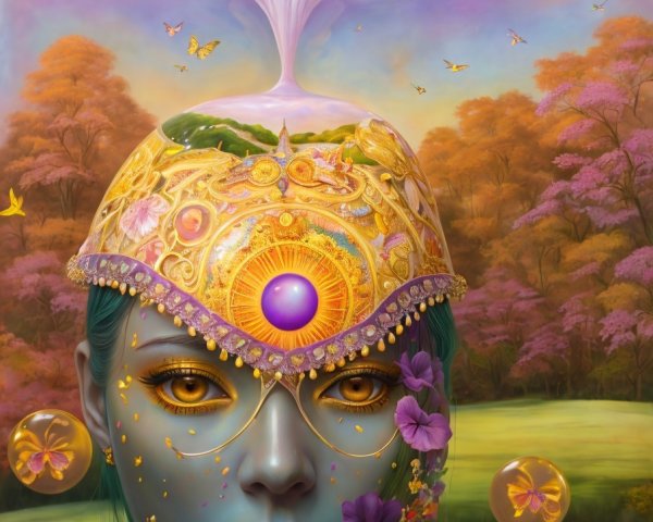 Ethereal Figure with Blue Face and Colorful Energy Burst