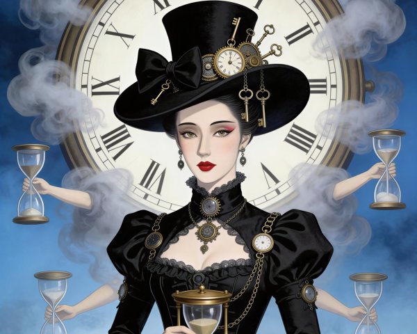 Woman in Black Dress with Steampunk Accessories and Clock