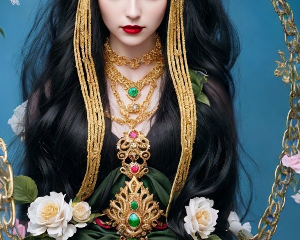 Enchanting figure with black hair and vibrant roses