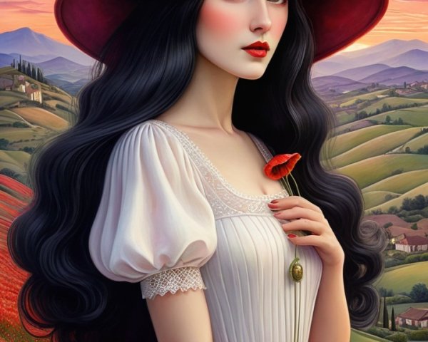 Young Woman in Poppy Field at Sunset