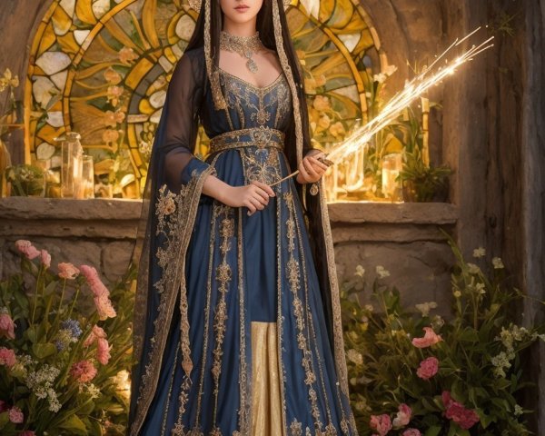 Elegant woman in lavish blue and gold gown with wand