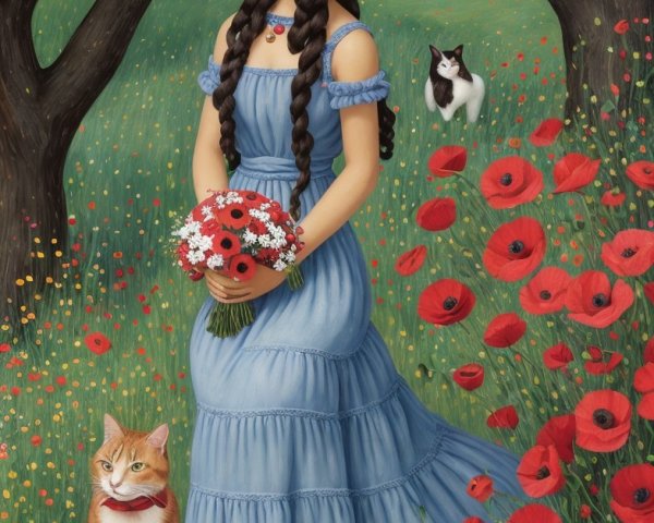 Young Woman in Blue Dress in Poppy Field with Animals