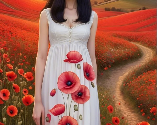 Young Woman in Poppy Field at Sunset