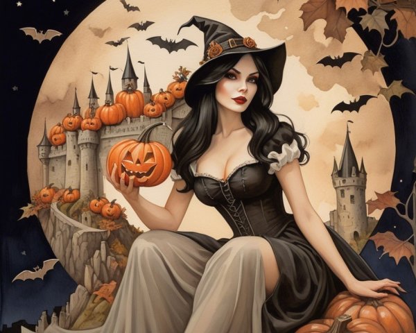 Mysterious Woman in Witch Hat Among Pumpkins and Moon
