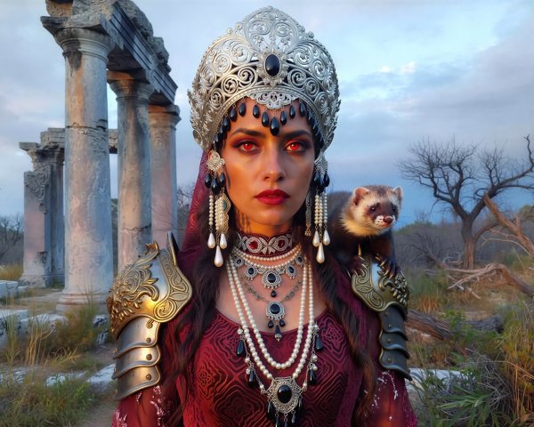 Woman in red gown with armor and ferret in ruins