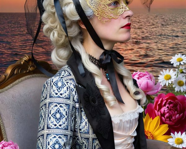 Caucasian Woman in Rococo Fashion by the Ocean