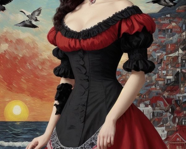 Victorian Woman in Red Gown Against Sunset Background