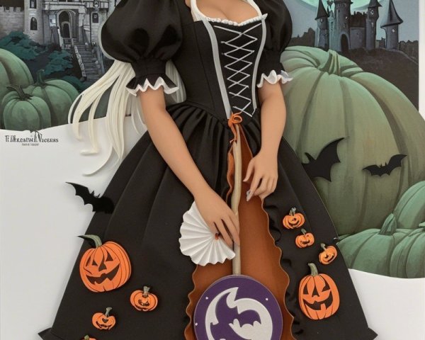 Stylish Halloween Doll in Black Gown with Spooky Motifs