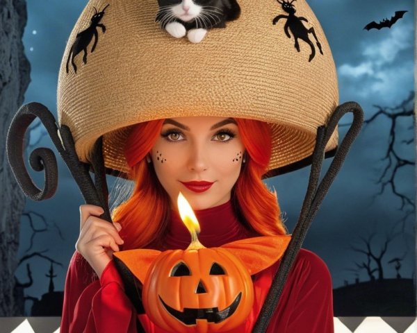 Whimsical Witch with Pumpkin Lantern in Spooky Setting