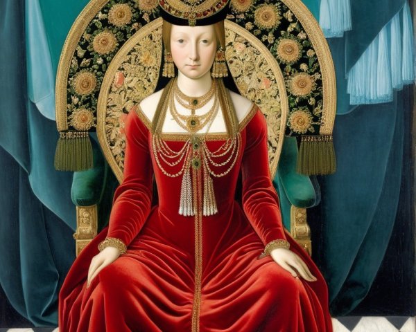 Seated Figure in Luxurious Red Gown with Gold Embellishments