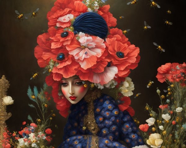 Woman in Floral Headdress with Bees and Flowers