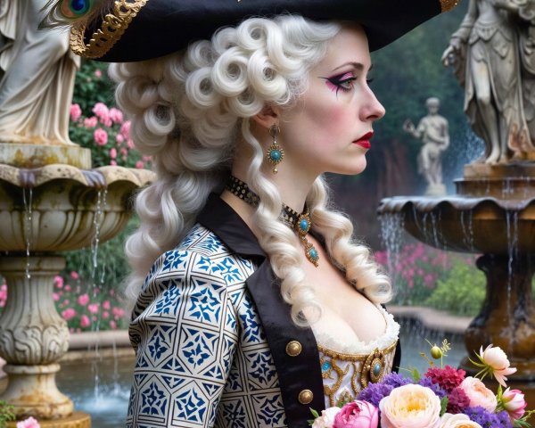 Woman in Black Tricorne Hat with Colorful Feathers