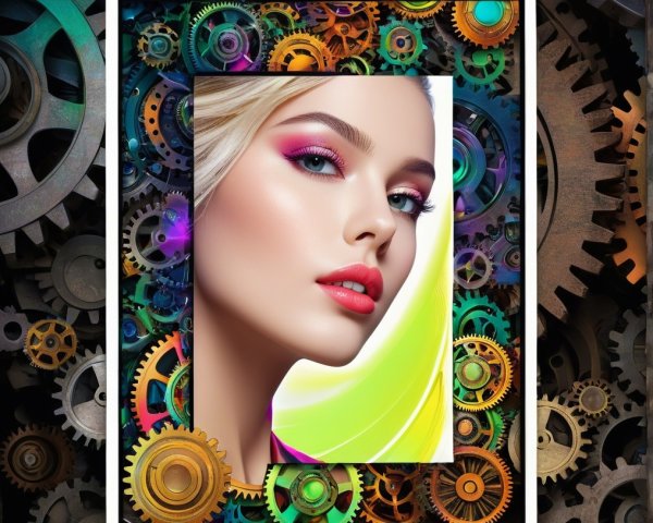 Portrait of a woman with vibrant makeup and gears
