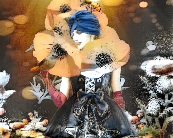 Whimsical Fashion Illustration with Dark Dress and Poppies