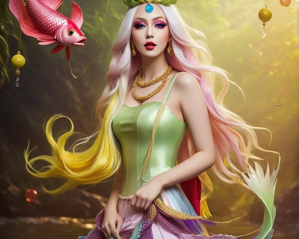 Mermaid with Colorful Hair and Iridescent Tail in Forest