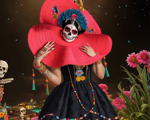 Elaborate Black Dress with Colorful Skull Motifs