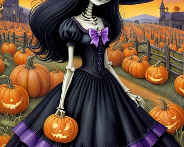 Whimsical Skeleton Witch in Pumpkin Patch at Dusk