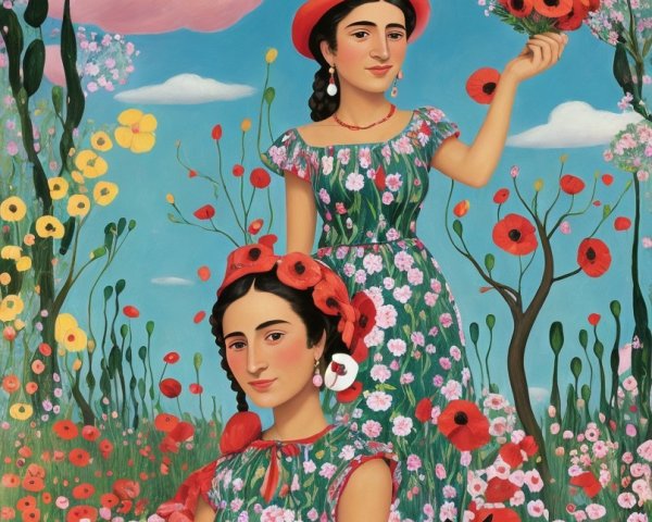 Vibrant Floral Scene with Two Women and a Cat