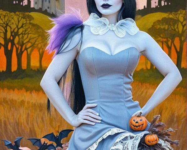 Woman in Gray Dress Against Halloween Backdrop
