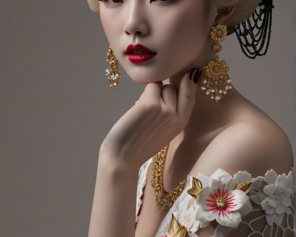 Elegant Portrait of Woman in Floral Outfit and Headpiece