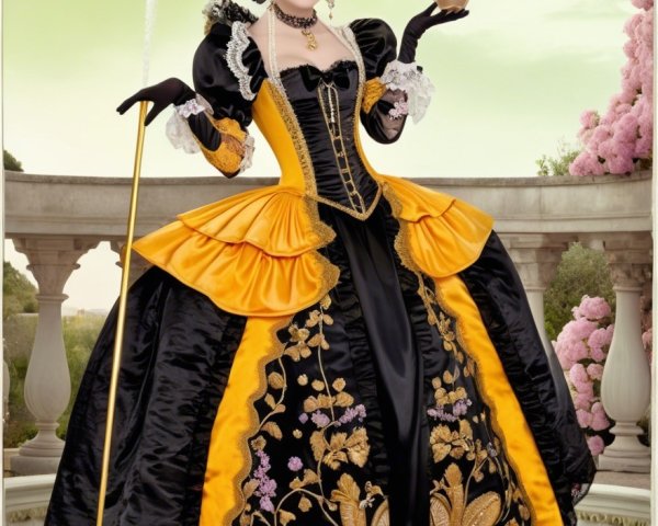 Lavish Gown with Gold Embroidery and Floral Backdrop