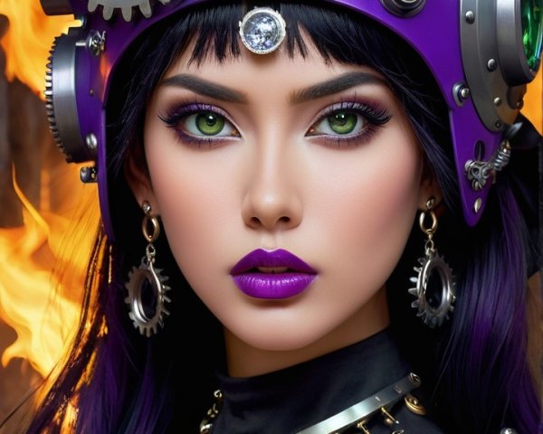 Futuristic figure with green eyes and purple lips