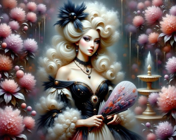 Glamorous figure in elegant attire with decorative fan