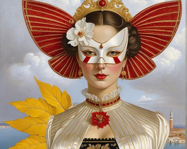 Regal Figure in Costume with Mask and Vibrant Wings