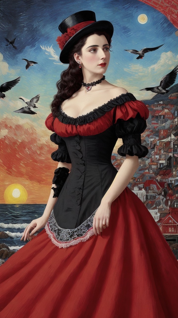Victorian Woman in Red Gown Against Sunset Background