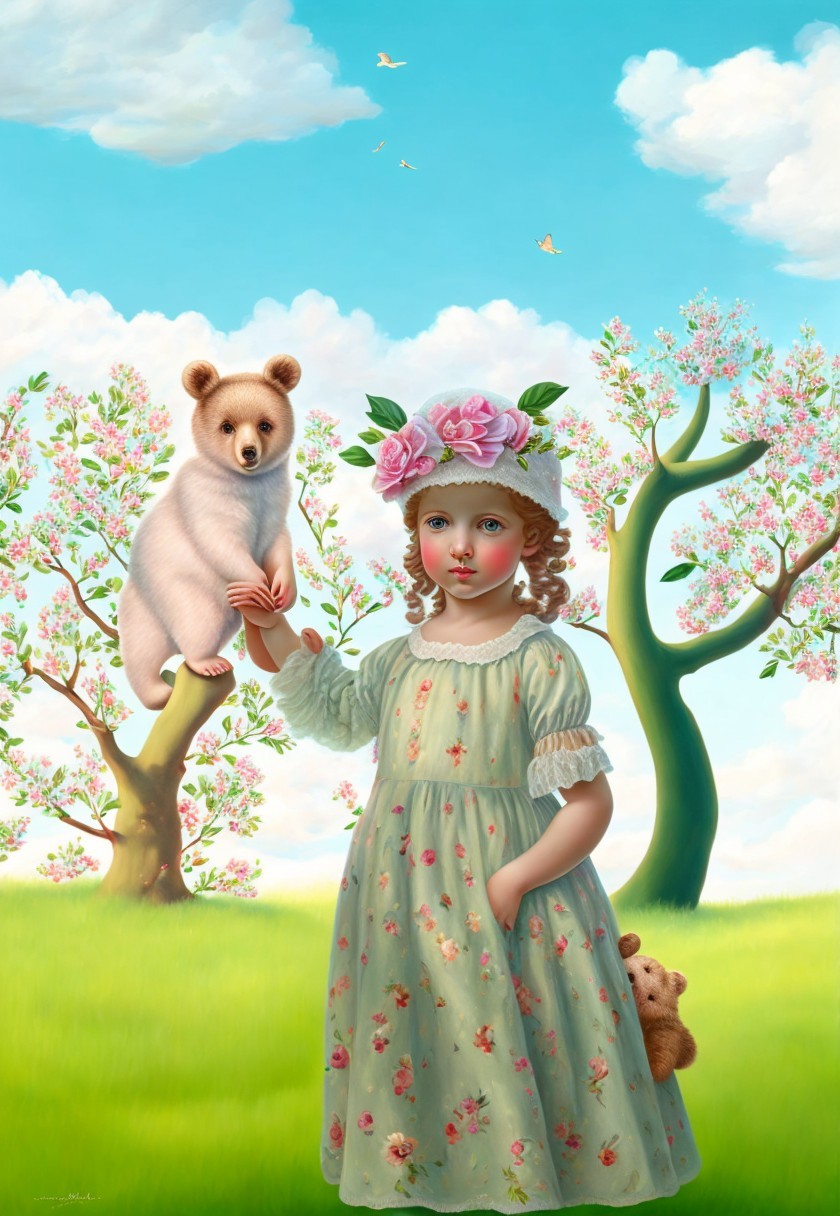Whimsical Scene of Girl with Bear in Pastel Dress