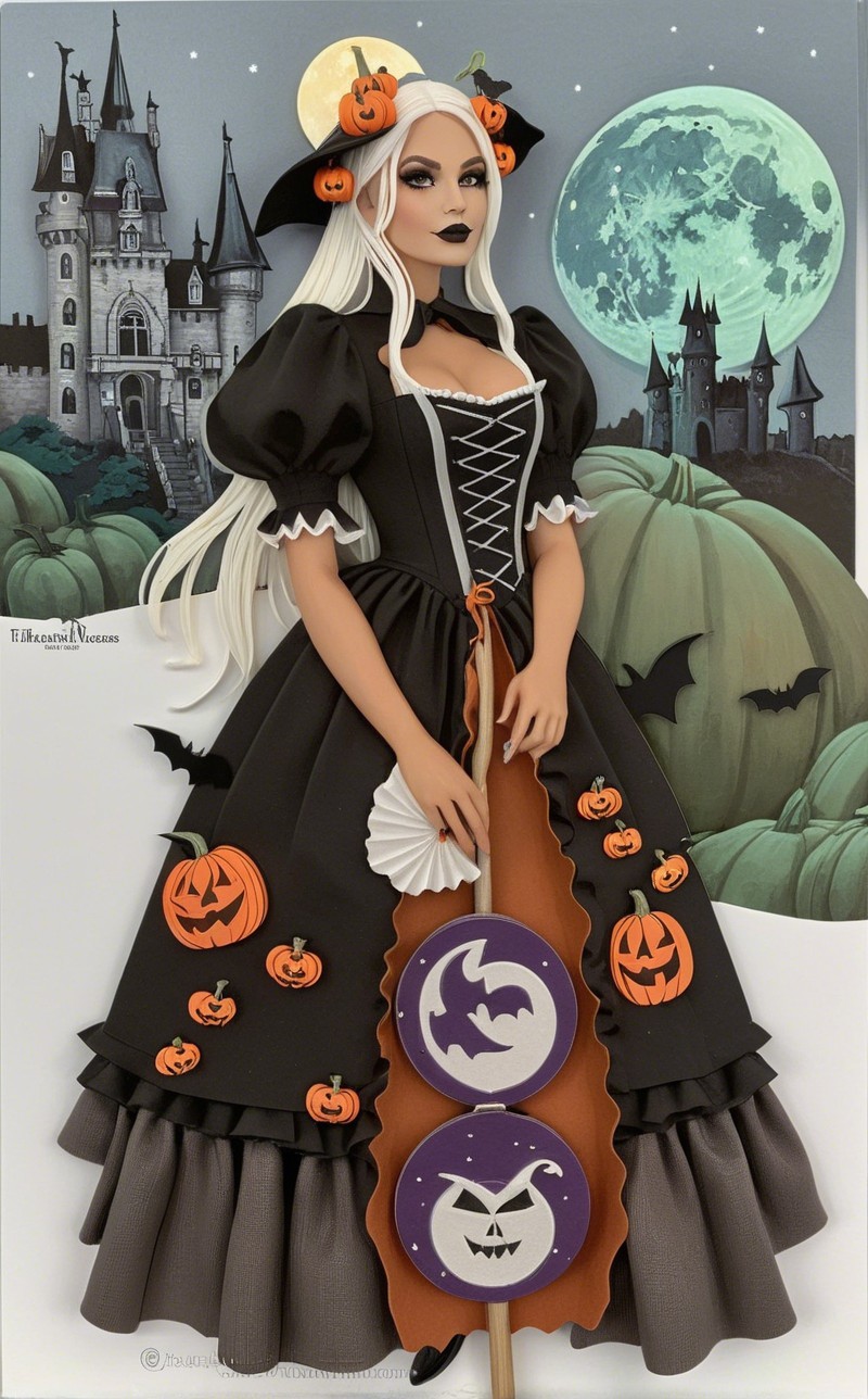Stylish Halloween Doll in Black Gown with Spooky Motifs