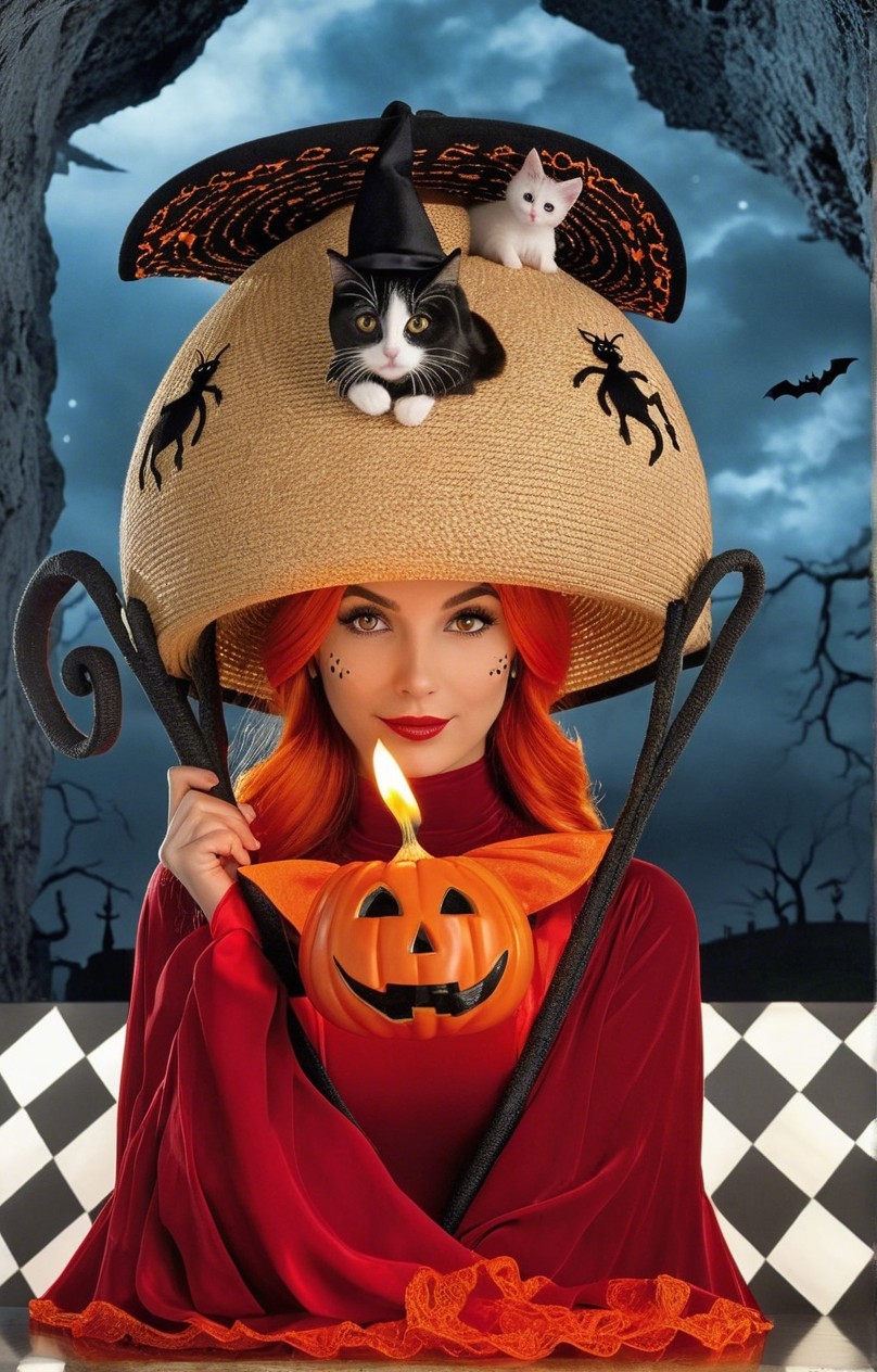Whimsical Witch with Pumpkin Lantern in Spooky Setting