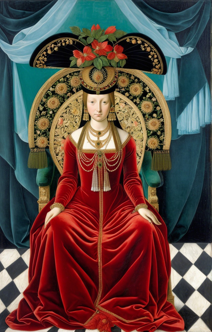 Seated Figure in Luxurious Red Gown with Gold Embellishments