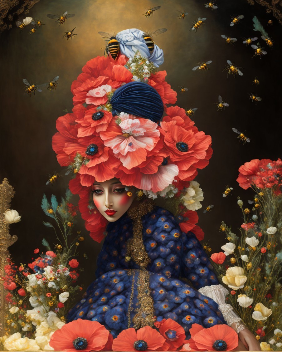 Woman in Floral Headdress with Bees and Flowers