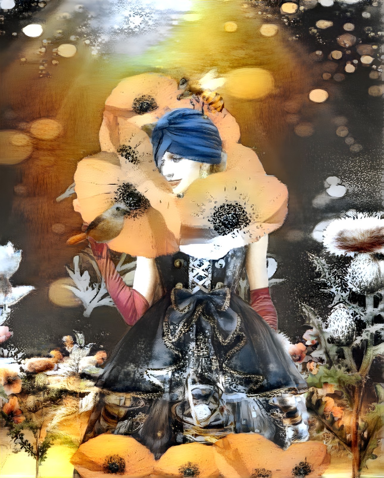 Whimsical Fashion Illustration with Dark Dress and Poppies