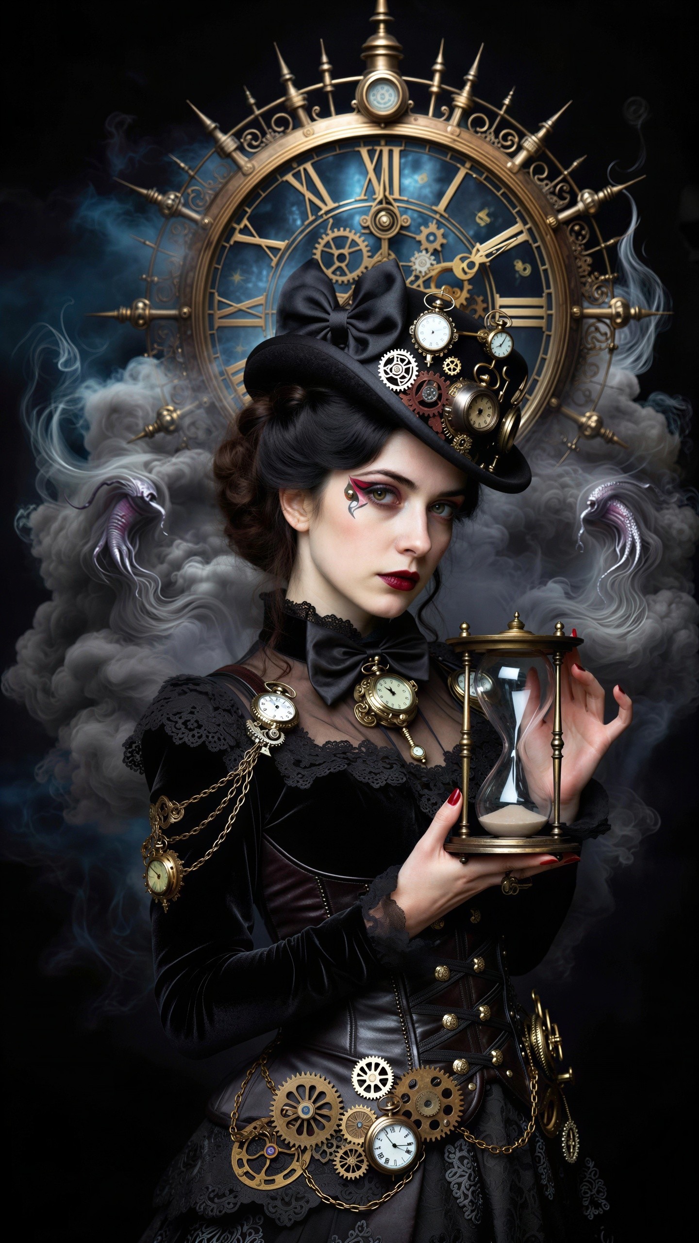 Steampunk Woman with Hourglass and Intricate Details