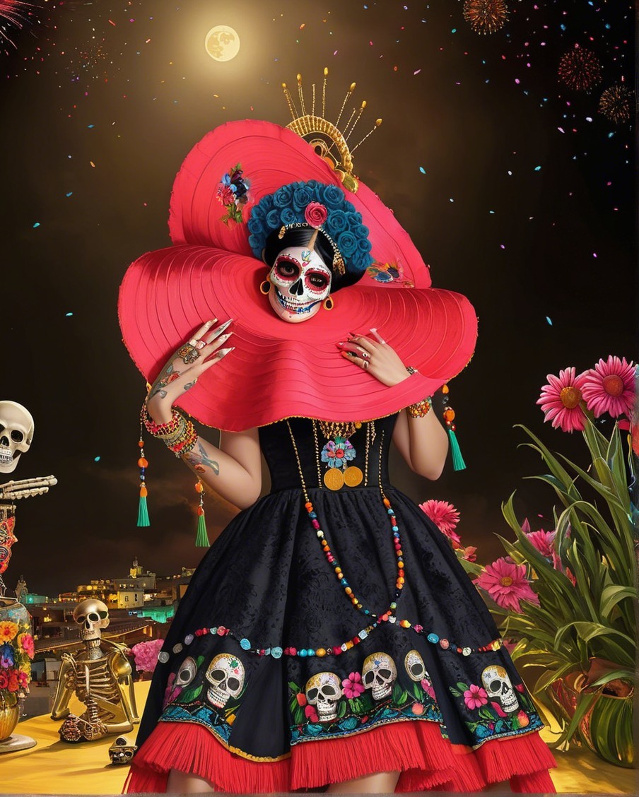 Elaborate Black Dress with Colorful Skull Motifs