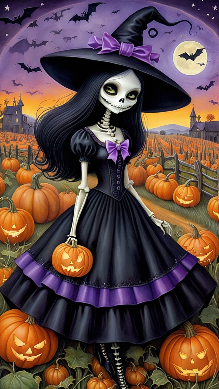 Whimsical Skeleton Witch in Pumpkin Patch at Dusk