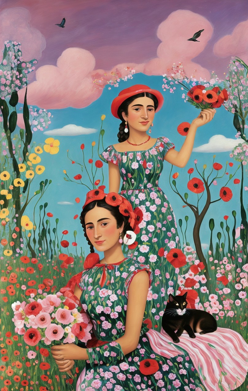 Vibrant Floral Scene with Two Women and a Cat